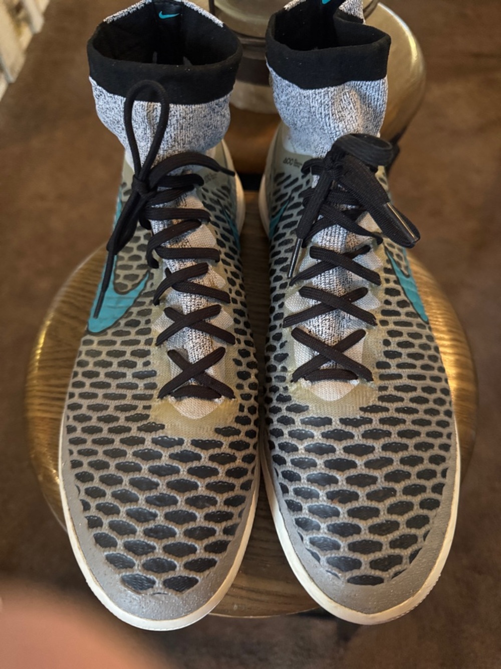 Nike High-Top Knit Sneakers in Gray with Teal Swoosh